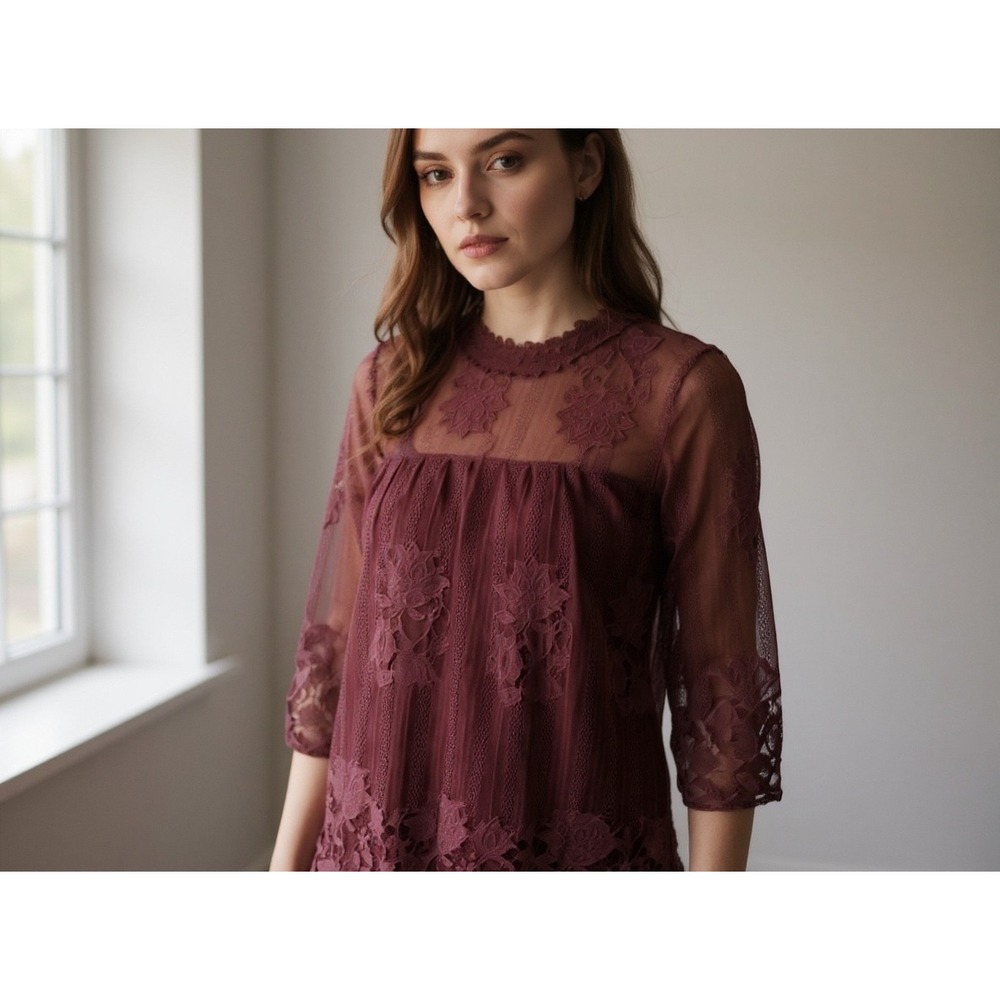 Miss CHIEVOUS Burgundy Boho romantic peasant top sz L‎ cottagecore fairycore